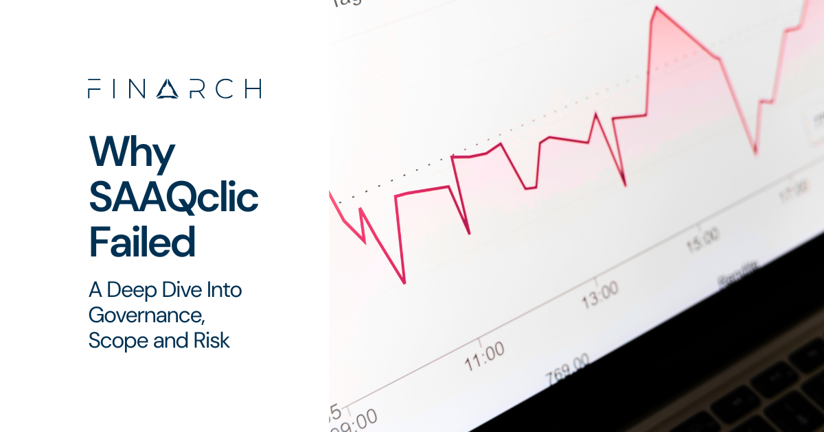 Cover image showing chart line symbolizing the SAAQclic project failure, with article title and Finarch logo